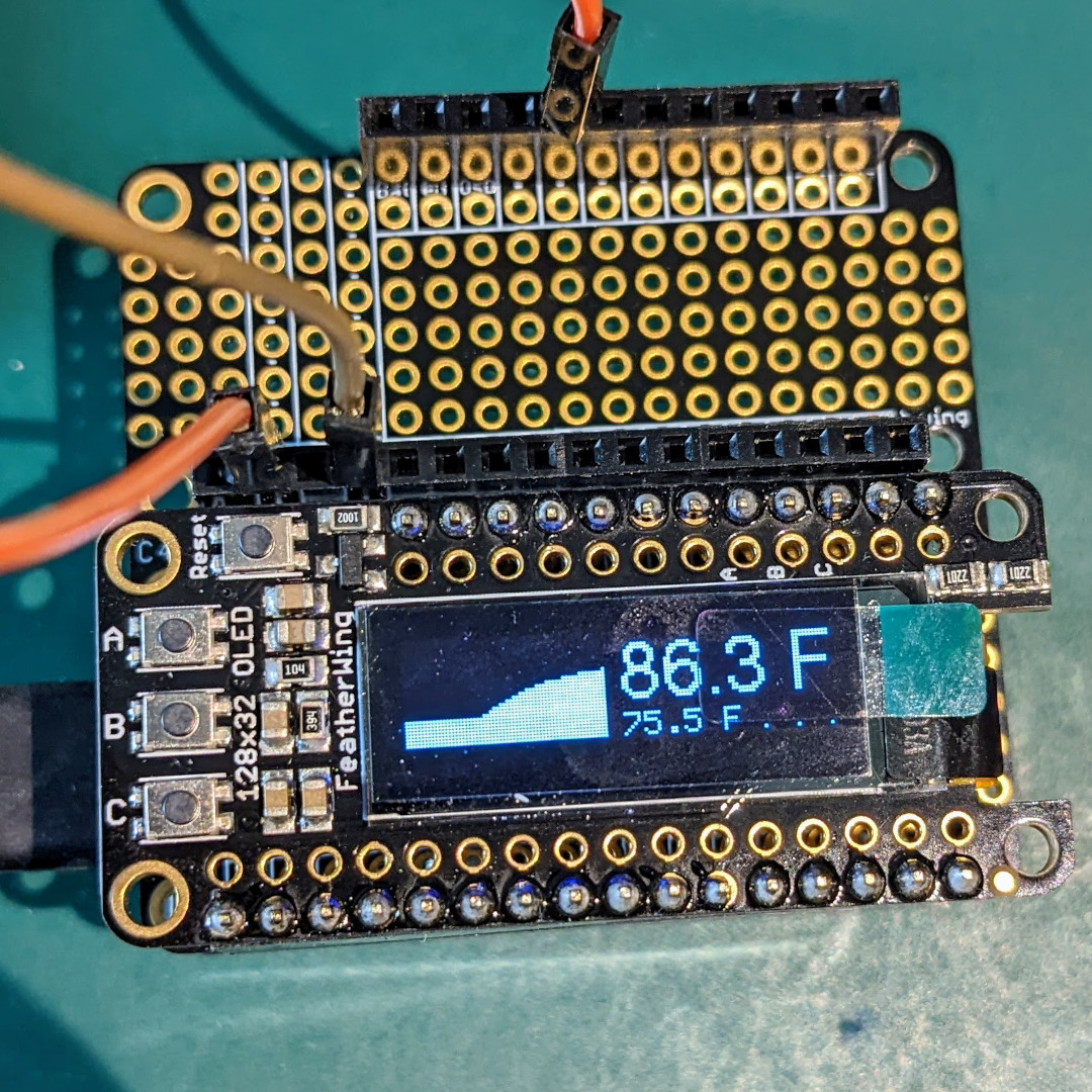 OLED display showing a sample screen layout with temperature, set point, and a graph