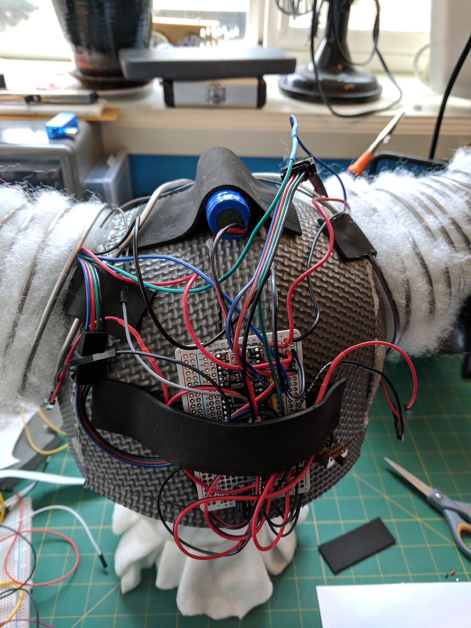 Foam helmet with home made circuit and battery mounted using foam straps